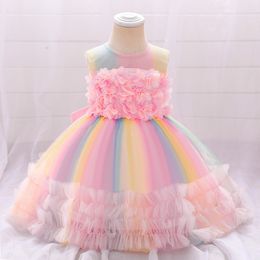 Girl's Dresses 2023 Colourful Cake Flower 1 Years Birthday For Baby Girl Clothing Baptism Lace Princess Party Wedding Formal 230214