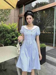 Casual Dresses Designer doll neck dress is crisp and haze free with blue white stripes delicate hardware pearl buttons AKGC