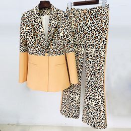 Women's Two Piece Pants HIGH STREET Est 2023 Designer Runway Suit Set Women's Single Button Leopard Printed Colour Block Flare Korean