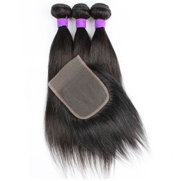 Hair Wefts 3 Bundles With 4x4 Lace Clre 200glot Natural Color Indian Human Straight 44 Transparent Swiss 230214