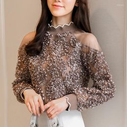 Women's Blouses Coffee Rose Sexy Mesh Women Top 2023 Spring Shirts Ruffle Long Sleeve Cold Shoulder Tops Causal Pleated Blusas 907G