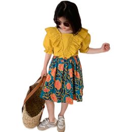 Sets LZH Summer Ruffled ShortSleeved TopPrinted Skirt Piece Set For Children's Clothing Girls Suit Fashion Kids Outfit Y