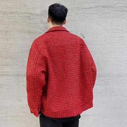 Men's Jackets Woven Bright Mens Silk Woolen Jacket 2023 Loose Lapel Single Breasted Long Sleeve Red Oversized Coat Autumn Winter Tops