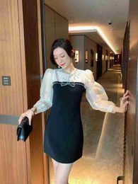 Casual Dresses Designer spring and summer organza Colour contrast stitching bubble sleeve rhinestone long-sleeve dress O4PR