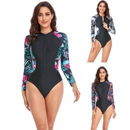 New Long Sleeve One Piece Swimsuit Bikini plus Size Swimsuit Womens Conservative One-Piece Floral Swimwear bathing