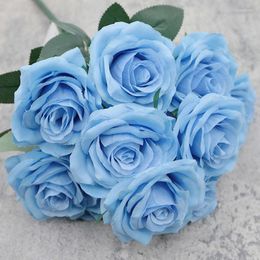 Decorative Flowers Blue Rose Artificial Flower 10 Heads Big Bouquet Roses Pink White Wedding Decor Fake Decoration Home