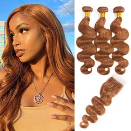 Hair pieces Gold Brown Body Wave Human Bundles with Clre Brazilian Colour 30 Remy 4x4 Lace Free Part 230214