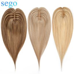 Synthetic s SEGO 6x9cm Real Human Hair Silk Base Women Toppers Natural line Clip In s Top piece Straight 230214