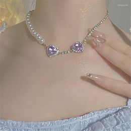 Pendant Necklaces Elegant Purple Pearl Choker Necklace Women Rhinestone Crystal Heart Jewellery For Valentines Birthday Girl Friend Gift