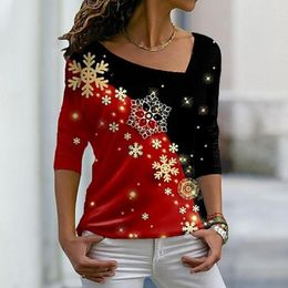 Women's Blouses Chic Christmas T-Shirt Skew Collar Keep Warm Festival Vintage Women Winter