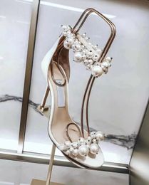 Famous Designer Maisel Pearl Embellished Sandals For Women Ankle Strap Party Wedding Evening Elegant High Heels White Black Nude 35-43