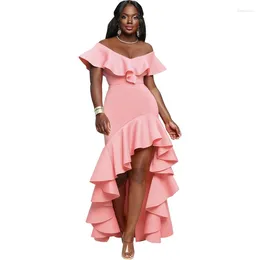 Casual Dresses Solid Ruffles Maxi Evening Party Dress Women Sexy V Neck Off Shoulder Slim Mermaid Asymmetrical Celebrities Birthday Long