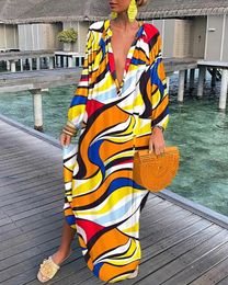 Women Vintage Designer dresses Summer Sexy Deep VNeck Long Sleeve Print Dress Female Beach Cover Up Elegant Robe Clothing