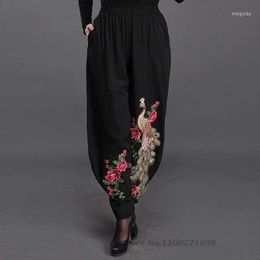 Ethnic Clothing 2023 Traditional Chinese Vintage Pants National Flower Embroidery Loose Oriental Harajuku Cotton Linen Trousers