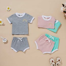 Clothing Sets Children Casual Twopiece Clothes Set Summer Embroidery Pattern TshirtHigh Waist Shorts Little Baby Girls Boys Suit