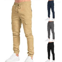 Men's Pants Drawstring Men Cargo Ankle-banded Multiple Pockets Trousers Solid Colour Elastic Waist Slim Fit Casual Sports