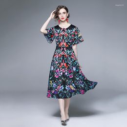 Party Dresses 2023 Summer Floral Holiday Beach Arrival Elegant Women O Neck Flare Short Sleeve Flower Printed Black Midi Vestidos