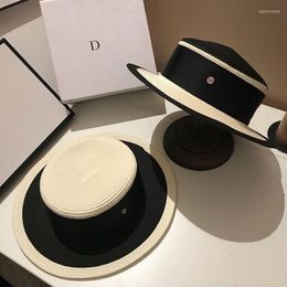 Wide Brim Hats Ribbon Letter Boater Hat Women Black White Joint Straw Beach Sun Cap Lady Summer Uv Protect Eger22