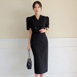 Party Dresses JSXDHK 2023 Summer Notched Collar Office OL Dress Elegant Women Black Double-Breasted Short Sleeve Work Bodycon Midi Vestidos