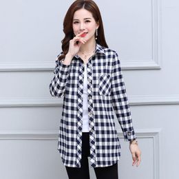 Women's Blouses Women Shirt Plaid Oversize Blouse Female Cotton Medium Long Loose Sleeves 2023 Ladies Casual Jacket Coat A12