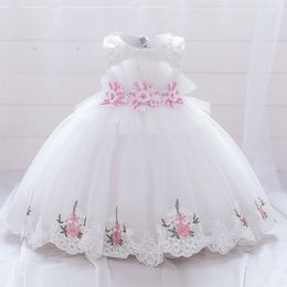 Girl's Dresses White Pink Flower Baptism First 1st Birthday Dress For Baby Girl Clothing Toddler Princess Lace Party Beads Costumes 05 Years 230214
