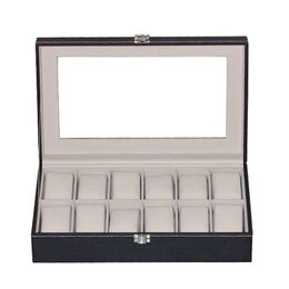 Watch Boxes Cases 12 Grids Leather Display Case Holder Black Storage Glass Jewellery Organiser for Men Women Gift 230214