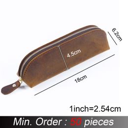 Pencil Bags 50 Pieces / Lot 18x4.5x6cm Genuine Leather Zipper Pen Pouch Bag Large Capacity Vintage Creative School Stationary A-T08