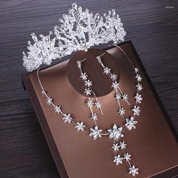Necklace Earrings Set Floral Bridal Cubic Zircon Crown Sets Tiara Earring Choker Crystal Wedding African Beads Jewellery