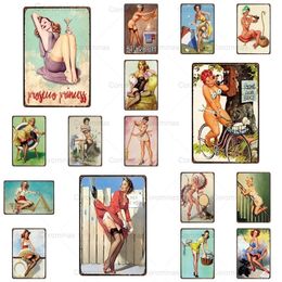 Shabby Pin Up Girl art painting Vintage Metal Sign Man Cave Funny Sexy Woman Beer Bike Tin Poster Retro Plaque Plate Iron Painting Home wall Decor Size 30X20 w02