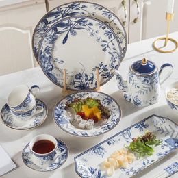 Plates Ceramic Bone Tableware Chinese Blue And White Porcelain Bowl Plate Dish Set Gold Inlay Coffee Cup Western Dinner