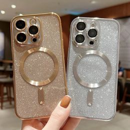 Luxury Electroplate Magnet Wireless Charge Phone Case For iPhone 15 14 13 12 11 Pro Max Plus 7 8 x xs max Soft Bumper Glitter Cover