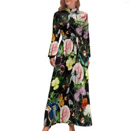 Casual Dresses Colourful Flower Print Dress Bird And Butterfly Kawaii Maxi Basic Boho Beach Long High Neck Vestido