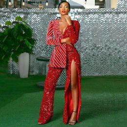 Women's Two Piece Pants (Jacket Pants)Red Luxury Sequined Business Suit For Lady Aso Ebi Arabic Long Sleeves V Neck African Beaded Suits