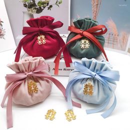 Jewellery Pouches Pink Red Green Blue Round Bottom With Metal Ribbon Drawstring Velvet Wedding Candy Bags Boutique Gfit Packaging Pouch Bag
