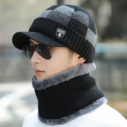 Berets Men Add Fleece Lined Winter Hat Wool Warm Knitted Set Thick Soft Stretch s For Leisure Beanie Cap 230214