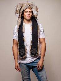 Berets Men Faux Fur Hood Animal Hat Ear Flaps Hand Pockets 3in1 Wolf Plush Warm Imitation s Cap with Scarf Gloves 230214