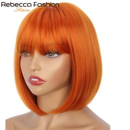 Lace s Rebecca 180D Orange Blonde Short Cut Straight Bob With Bangs Human Hair Brazilian Machine Made 230214