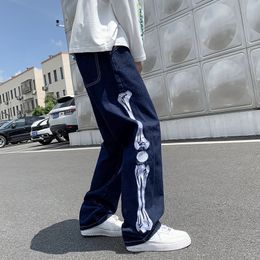 Men's Jeans Jeans Men Skeleton Baggy Casual Jean Pants Mens Japan Style Streetwear Wide Leg Denim Trousers Male Vintage Blue Denim Pants 230214