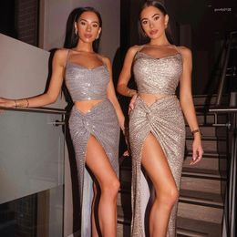 Work Dresses Sexy Two Piece Sets Crop Tops And Slit Skirts Matching Glitter Club Party Dress Fashion Outfits Asymmetrical 2023