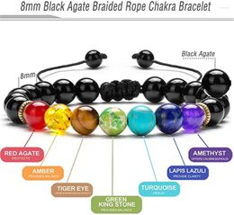 Strand Men Women 8mm Lava Rock 7 Chakras Essential Oil Diffuser Bracelet Natural Stone Yoga Beads Black Agate Bangle