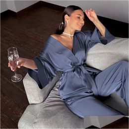 Women'S Sleepwear Womens Pyjamas Ice Silk Long Sleeve Cardigan Pijama Trouser Suits Plus Size Lingere Set Woman 2 Pieces Home Suit 2 Dhqia