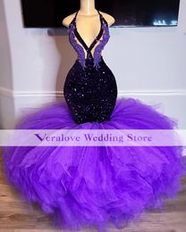 Sexy Prom Dress Mermaid 2k23 Purple Glitter Sparkly Black Girls Birthday Party Gowns Abito da sera con volant Taglia personalizzata