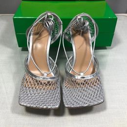 Sandals Woven Mesh High Heels Women's Slim Heels Silver Leisure Banquet Beach Upper Fashion Trend Ankle Strap Summer Roman Style Square Shoe 35-43