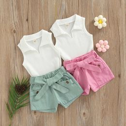 Clothing Sets Fashion Summer Baby Outfit Suit Sleeveless Ribbed Plain Lapel TanksPlain Shorts with Waist Belt Toddler Girls Clothes Set