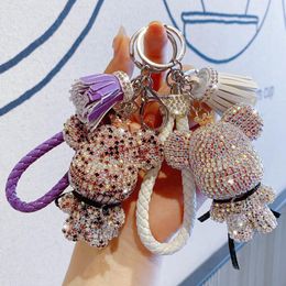 Full Rhinestones Cute Rhinestone Keychain Charm Cartoon Bear Pendant for Women Bag Car Key Ring Mobile Phone Fine Jewelry Accessories Girl