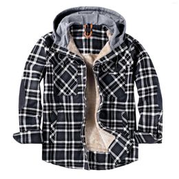 Men's Jackets 2023 Autumn Winter Men's Flannel Jacket Plaid Long Sleeve Shirts Coats Outdoor Hiking Windproof Warm Fleece Lined Hooded