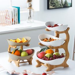 Plates Ceramic Fruit Plate Wood Shelf 2-3 Layer Candy Snack Dish Bowl Modern Living Room Cake Dessert With Stand Home Decor