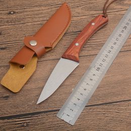 1Pcs G2378 Survival Straight knife 8Cr13Mov Laser Pattern Bade Full Tang WoodHandle Outdoor Camping Hiking Hunting knives With Leather Sheath