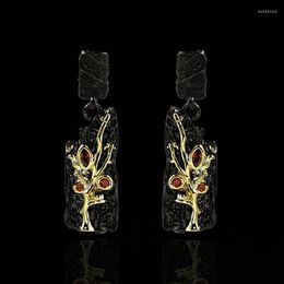 Dangle Earrings Black Gold Colour Vintage Two Tone Branch Leaves Inlay CZ Anaglyph Drop 2023 Arrival Jewellery