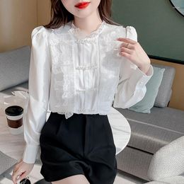 Women's Blouses Lace Ruffle Ladies Shirts Solid Colour Shirt Women's 2023 Stand Collar Women Top Button Up Blusas Mujer 55G